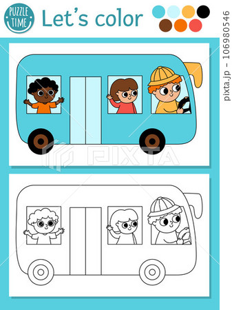 Transportation coloring page for children with bus, driver, passengers. Vector water transport outline illustration. Color book for kids with colored example. Drawing skills printable worksheet 106980546
