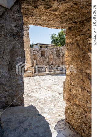 Antalya, Turkey June 26, 2023. Sculptures and Ancient ruins in the Side, Manavgat Archeology Museum. Side ancient city archeology museum sarcophagi. Ancient stone carved Roman sarcophagi as displayed  106980636