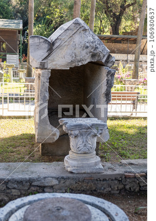 Antalya, Turkey June 26, 2023. Sculptures and Ancient ruins in the Side, Manavgat Archeology Museum. Side ancient city archeology museum sarcophagi. Ancient stone carved Roman sarcophagi as displayed  106980637