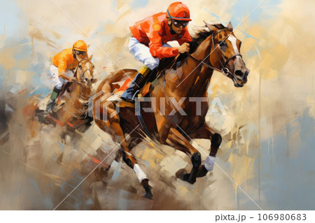 Banner with jockey at horse racing competition. Generative AI 106980683