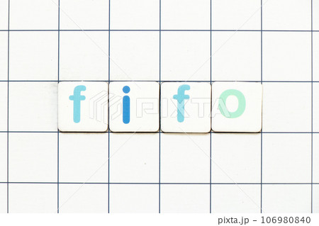Colorful tile letter in word FIFO (Abbreviation of first in first out) on white grid background Colorful tile letter in word FIFO (Abbreviation of first in first out) on white grid background 106980840