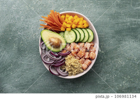 poke bowl salmon with quinoa and vegetables poke bowl salmon with quinoa and vegetables 106981134
