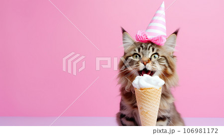 Cute Cat with cone hat and necklace bowtie on isolated background.Happy birthday concept.created with Generative AI technology Cute Cat with cone hat and necklace bowtie on isolated background.Happy birthday concept.created with Generative AI technology 106981172
