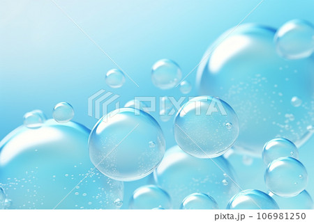Close up of water with bubbles on a blue background for cosmetic background.Created with Generative AI technology. Close up of water with bubbles on a blue background for cosmetic background.Created with Generative AI technology. 106981250