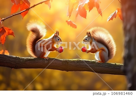 Cute squirrel in the autumn forest with autumn leaves.Created with Generative AI technology. 106981460