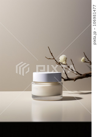 Jar of cream with plant branches on beige background Jar of cream with plant branches on beige background 106981477
