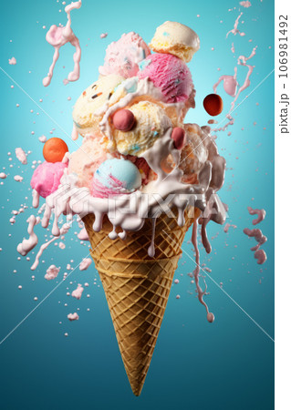 Huge Ice cream cone on blue background close-up 106981492