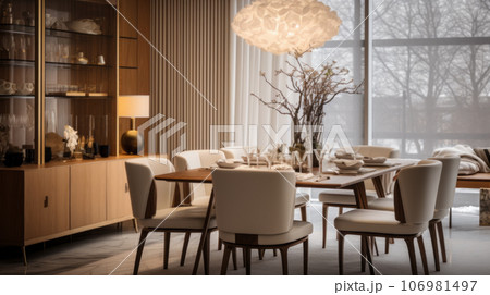 modern interior design with wood table and chairs 106981497