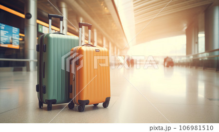 Two stylish suitcases standing in airport hall, travel and vacation concept space for text 106981510