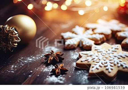 Christmas stars cookies. Making gingerbread cookies for Holidays. Gingerbread dough. Christmas Baking background. Form for cutting gingerbread. Merry Christmas and Happy Holidays, on wooden table 106981539