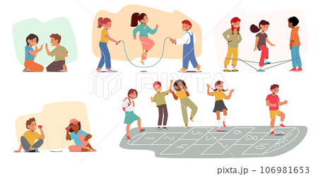 Children Characters Engage In Diverse Activities Such As Hopscotch, Gummitwist, Patty-cake, Rope Telephone Children Characters Engage In Diverse Activities Such As Hopscotch, Gummitwist, Patty-cake, Rope Telephone 106981653