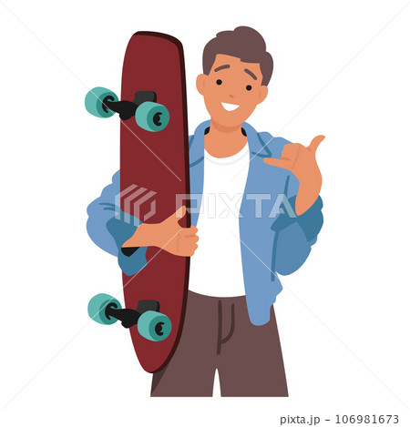 Teenage Boy With Skateboard In Hand, Flashes A Laid-back Hang Loose Gesture With His Thumb And Pinky Vector Illustration 106981673