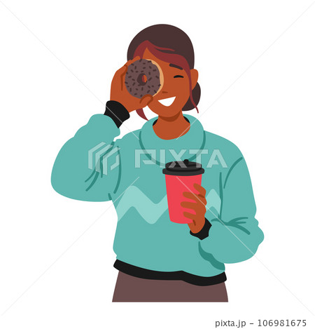 Teenage Girl, Radiating Youthful Charm, Poses With A Coffee Cup In One Hand And A Delectable Donut In The Other 106981675