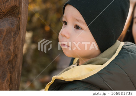 Little child boy playing in autumn park in Asia copy space. Toddler cute Korean kid portrait close-up outdoors 106981738