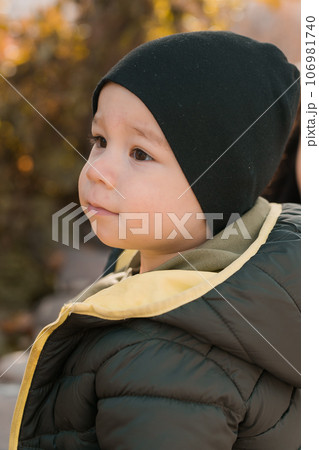 Little child boy playing in autumn park in Asia. Toddler cute Korean kid portrait close-up outdoors 106981740