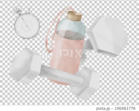 Water bottle with dumbbells and stopwatch clipart. Female Fitness