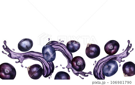Board of acai berries and juice splash watercolor illustration isolated on white. Exotic amazon small purple berries, tropical fruit hand drawn. Design element for packaging, label, kitchen utensil 106981790