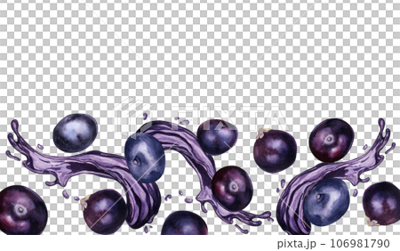 Board of acai berries and juice splash watercolor illustration isolated on white. Exotic amazon small purple berries, tropical fruit hand drawn. Design element for packaging, label, kitchen utensil 106981790