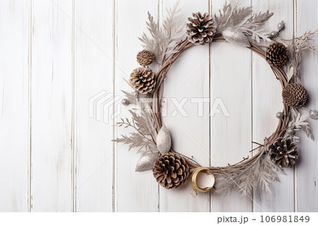 Christmas round frame made of natural winter things on white wooden background. Flat lay . Copy space Christmas round frame made of natural winter things on white wooden background. Flat lay . Copy space 106981849