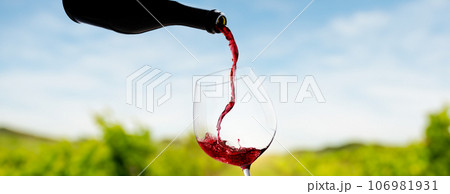 Wine glass with pouring red wine 106981931