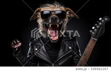 Punk dog in leather jacket. Created by AI 106982267
