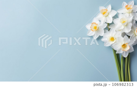A narcissus flowers bouquet on a pastel blue background. Created by generative AI 106982313