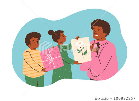 Son and daughter gives to father flower drawing and gift box on Father's day holiday, vector good family relations 106982557