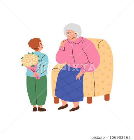 Little boy giving flower bouquet to grandma, grandson and grandmother spending time together vector cartoon illustration 106982563