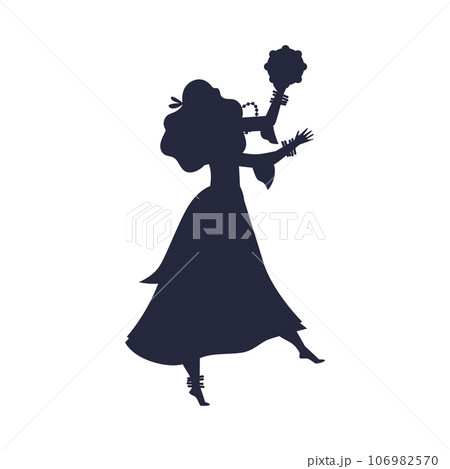 Roma gypsy girl dancing in long dress with tambourine black silhouette, vector Romany dance and music, flamenco folk 106982570