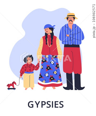 Nomadize gypsies family in traditional clothes portrait, gypsies ethnic tradition and culture vector cartoon poster 106982571
