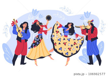 Gypsy women dancing in fluffy long dress and with tambourine, vector Romany men playing guitar, violin and singing 106982577