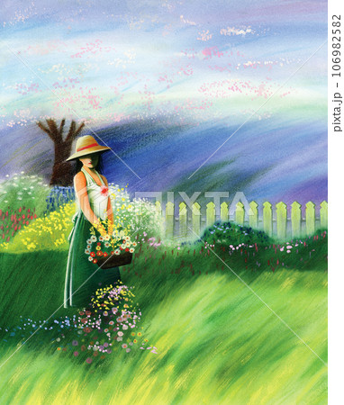 a woman standing in the garden with a basket of flowers 106982582