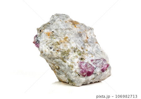 Macro mineral stone Ruby in rock on white background 106982713