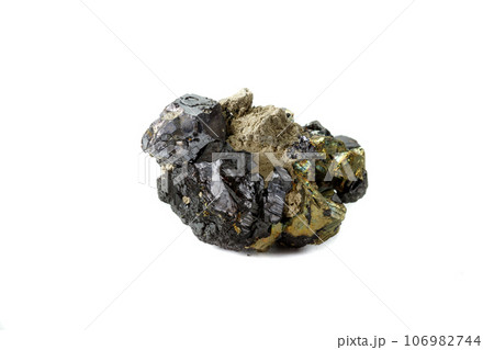 Macro mineral stone Sphalerite Pyrite on a white background Macro mineral stone Sphalerite Pyrite on a white background 106982744
