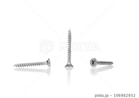 macro screw of silver color on a white background 106982932