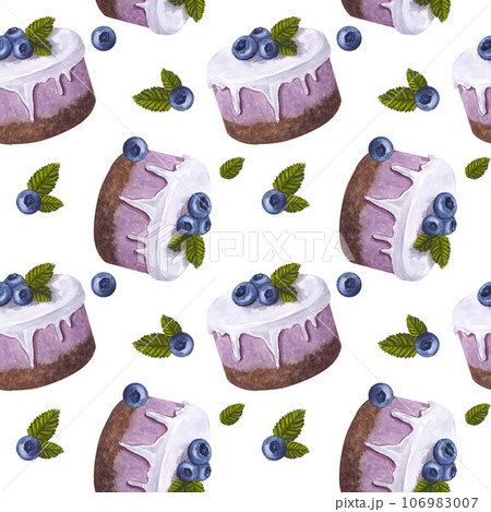Seamless endless pattern cupcake with blueberries. Dessert cake in glaze. Mint leaves. Hand-drawn watercolor illustration isolated on white background. For packaging, fabric, wallpaper Seamless endless pattern cupcake with blueberries. Dessert cake in glaze. Mint leaves. Hand-drawn watercolor illustration isolated on white background. For packaging, fabric, wallpaper 106983007