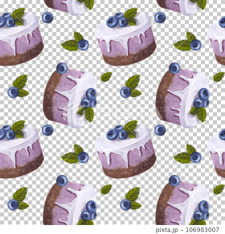 Seamless endless pattern cupcake with blueberries. Dessert cake in glaze. Mint leaves. Hand-drawn watercolor illustration isolated on white background. For packaging, fabric, wallpaper Seamless endless pattern cupcake with blueberries. Dessert cake in glaze. Mint leaves. Hand-drawn watercolor illustration isolated on white background. For packaging, fabric, wallpaper 106983007