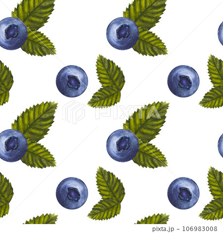 Seamless endless pattern blueberries, berries and leaves. Botanical clipart. Hand-drawn watercolor illustration isolated on white background. For packaging, fabric, wallpaper 106983008