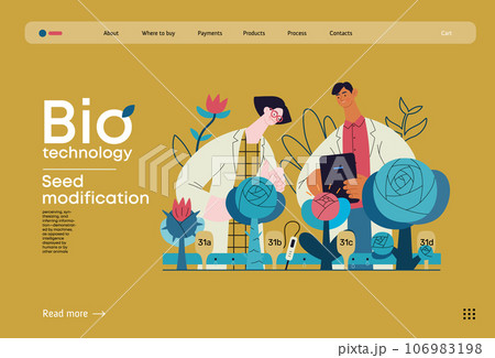 Bio Technology, Seed Modification -modern flat vector concept illustration of scientists analysing genetic modificated variants of a plant. Metaphor of direct impact of GMO on vegetation 106983198