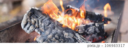 Burning firewood in long metal grill close-up. 106983317