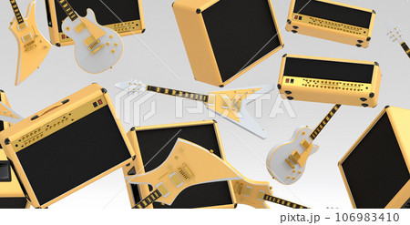 Many of flying acoustic guitars, drums, cymbal or drumset and amplifier on white Many of flying acoustic guitars, drums, cymbal or drumset and amplifier on white 106983410