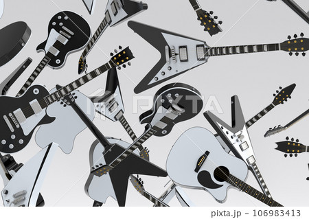 Many of flying acoustic guitars isolated on white background. 106983413