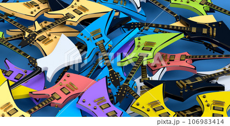 Heap of electric guitars isolated on blue background. Heap of electric guitars isolated on blue background. 106983414