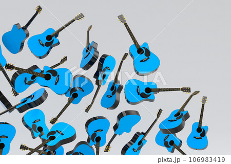 Many of flying acoustic guitars isolated on white background. 106983419