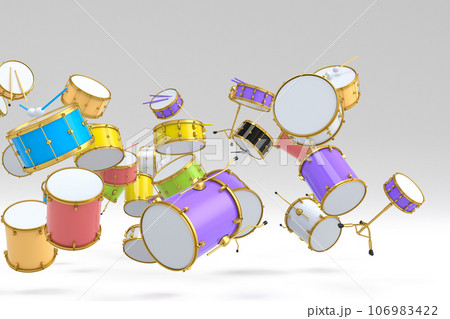 Many of flying drums with metal cymbals or drumset on white background 106983422