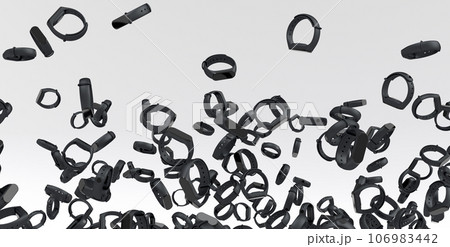 Flying and folling sport equipment like fitness tracker or smart watch on white 106983442