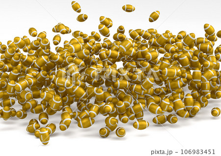 Many of flying gold american football ball falling on white background Many of flying gold american football ball falling on white background 106983451