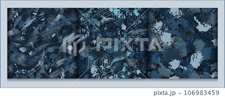 Seamless blue camouflage patterns with grunge paint brush strokes, smudge, hexagons, blots. Dense random chaotic composition. Good for apparel, fabric, textile, sport goods. Grunge texture 106983459