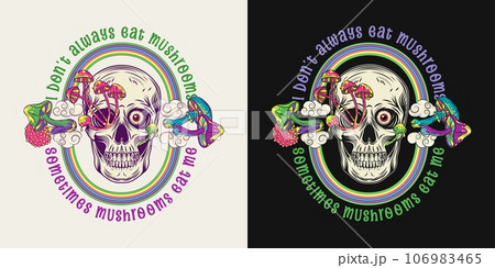 Oval label with human skull, colorful mushrooms, text, psychedelic rainbow. Crazy mad skull with single eye, mushrooms growing through skull. Consept of madness. Vintage style. 106983465