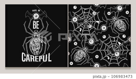 Set of halloween pattern, label with monsters, spider web, metallic robot spider catching flying eye monster with bat wings. Text Be Careful. Surreal vector illustration in steampunk style 106983473